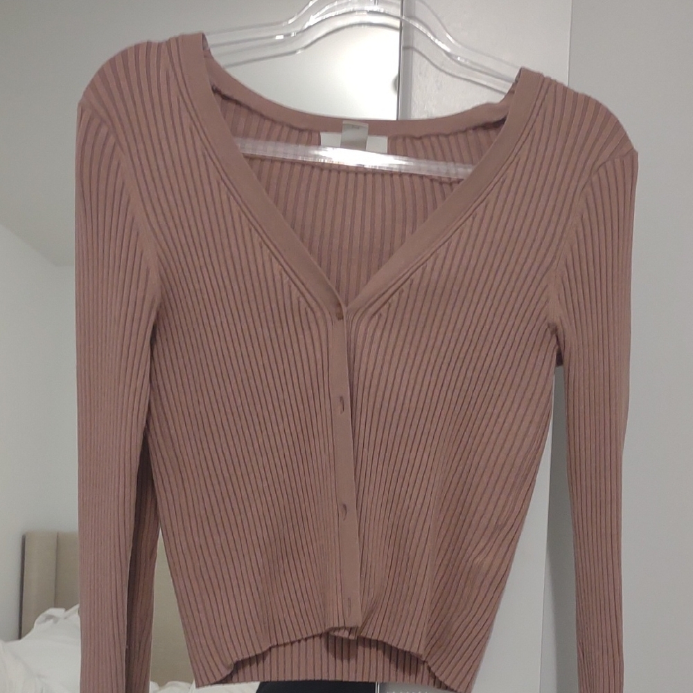 H&M Ribbed Button-Up Cardigan in Mauve Pink